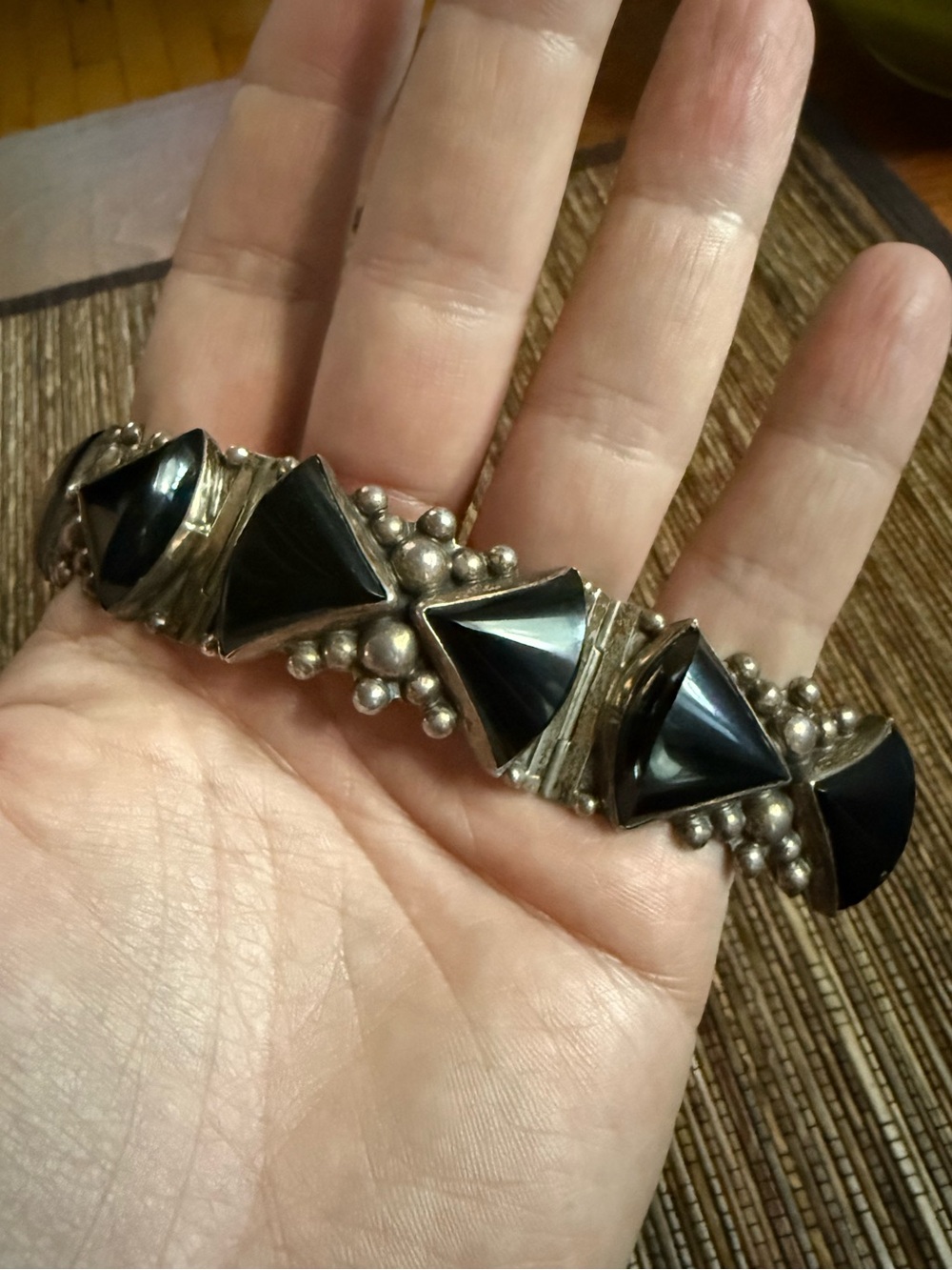 Mexico Sterling Silver Bracelet Onyx Black Modernist Mid Century Vintage Taxco